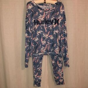 Hurley Soft & Cozy Blue Pink Tropical Long Sleeve Top Pant Pajama Loungewear Set